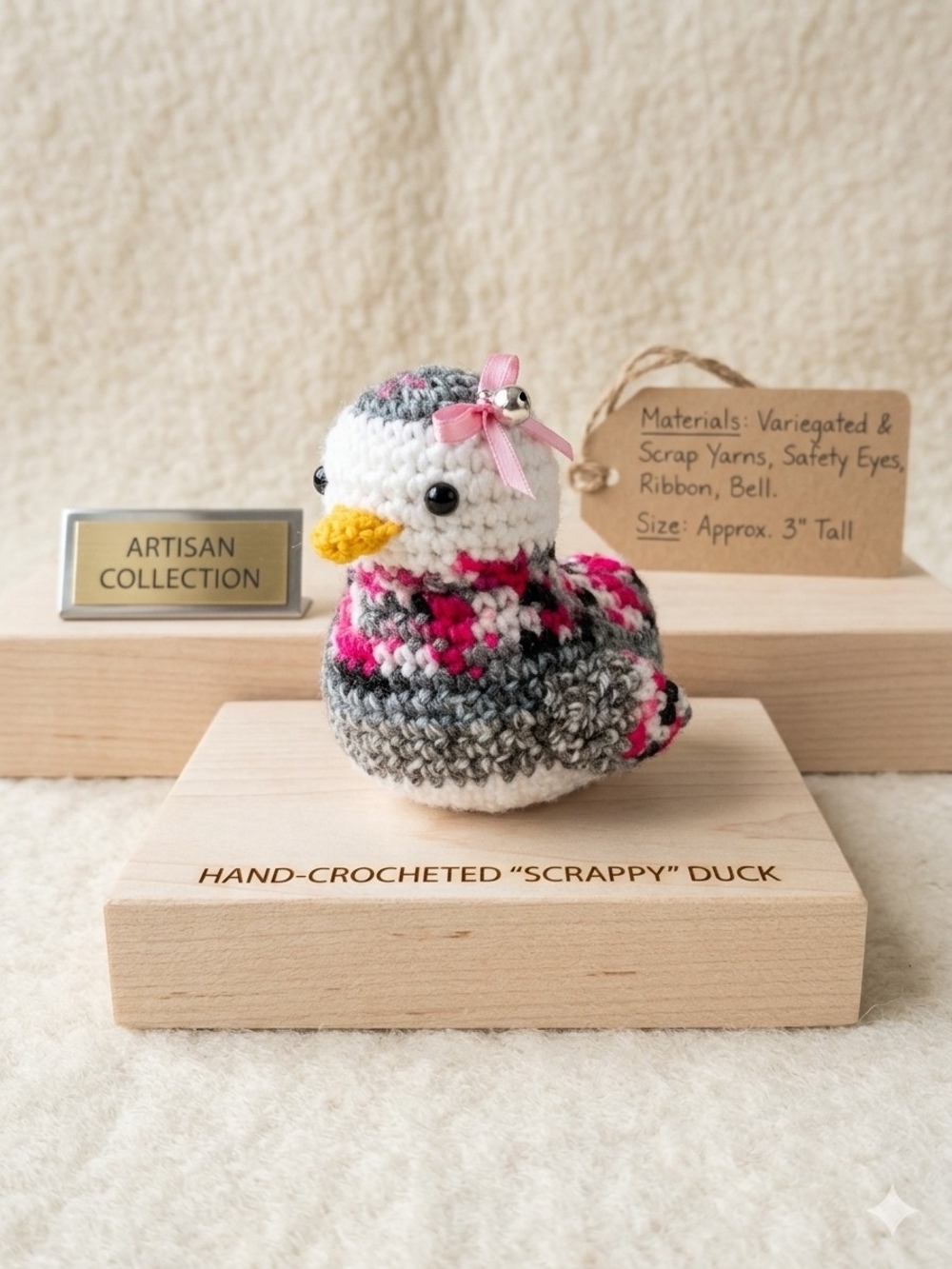Artisan Collection Hand-Crocheted "Scrapmy" Duck Decor in Gray & Pink Like New